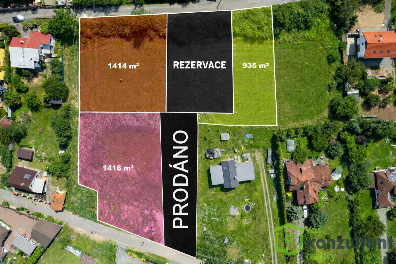 Letecký pohled na rozdělené pozemky