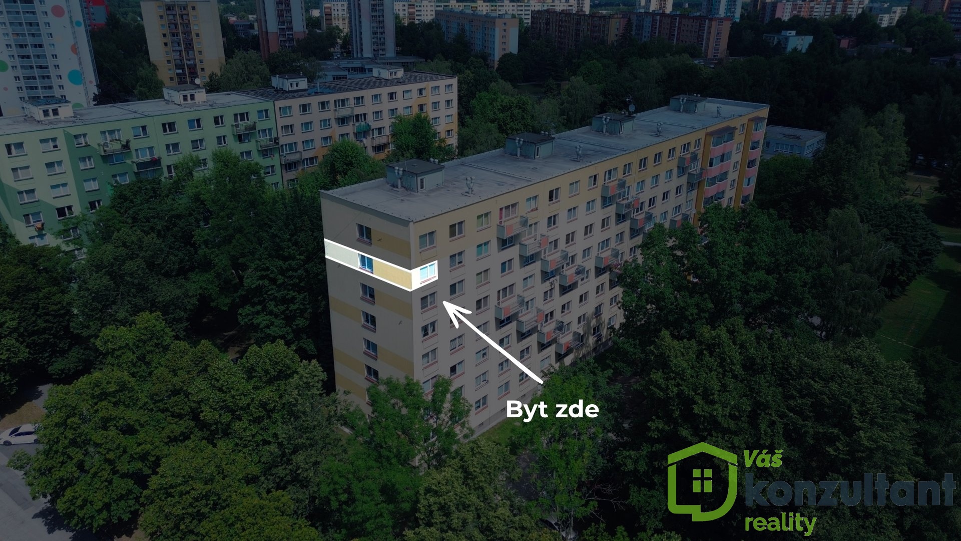Letecký pohled na označený byt