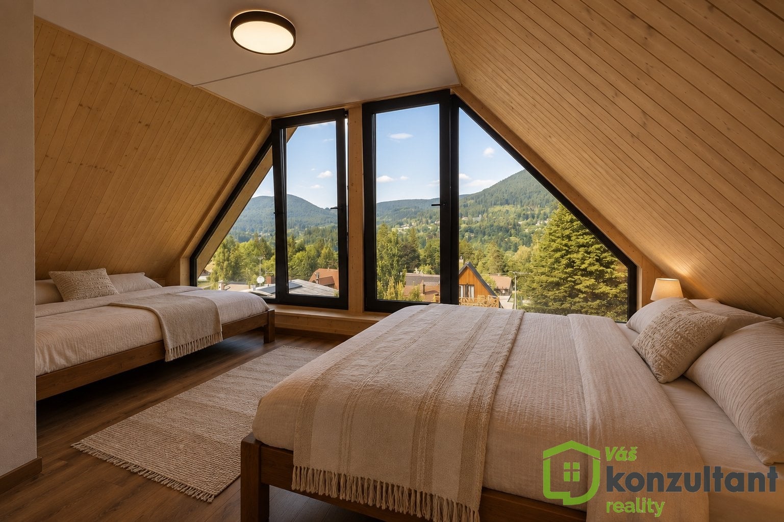 Podkrovní ložnice s panoramatickým výhledem