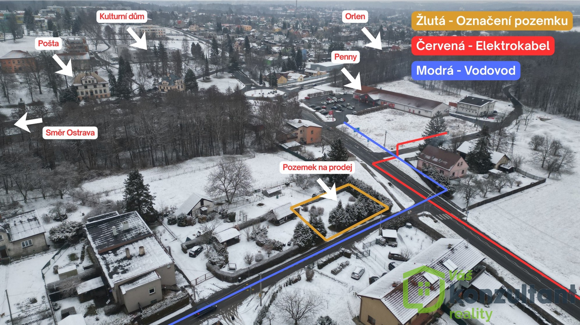 Širší pohled na okolí s označením občanské dostupnosti