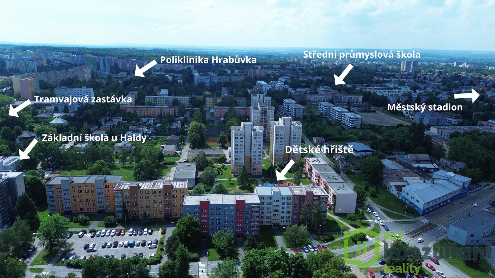 Letecký pohled s občanskou vybaveností
