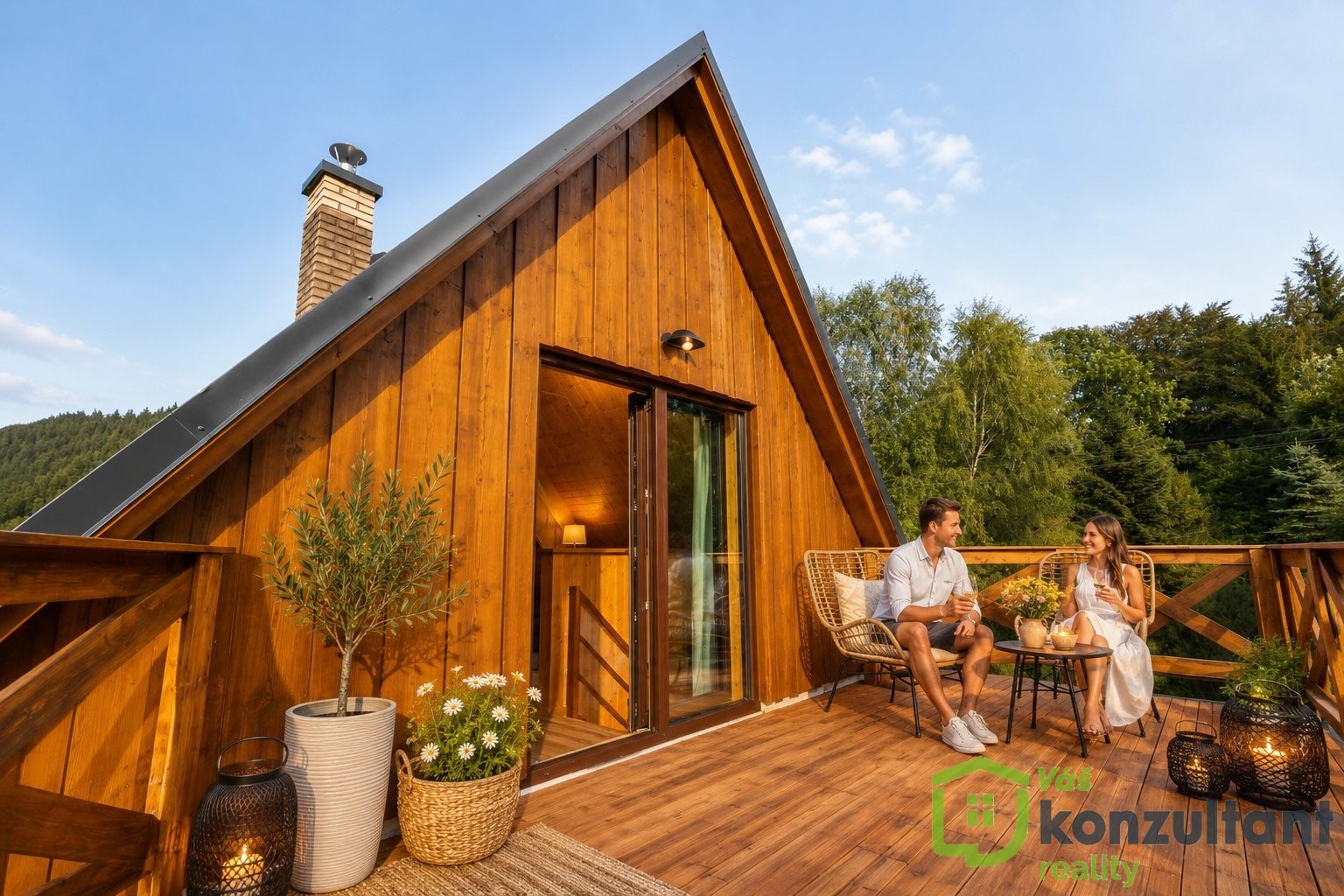 Slunný balkón v patře s posezením a výhledem do zeleně